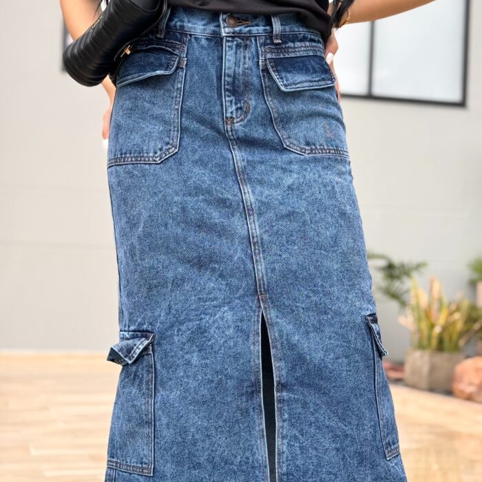 Falda Cargo Denim con Corte Desflecado