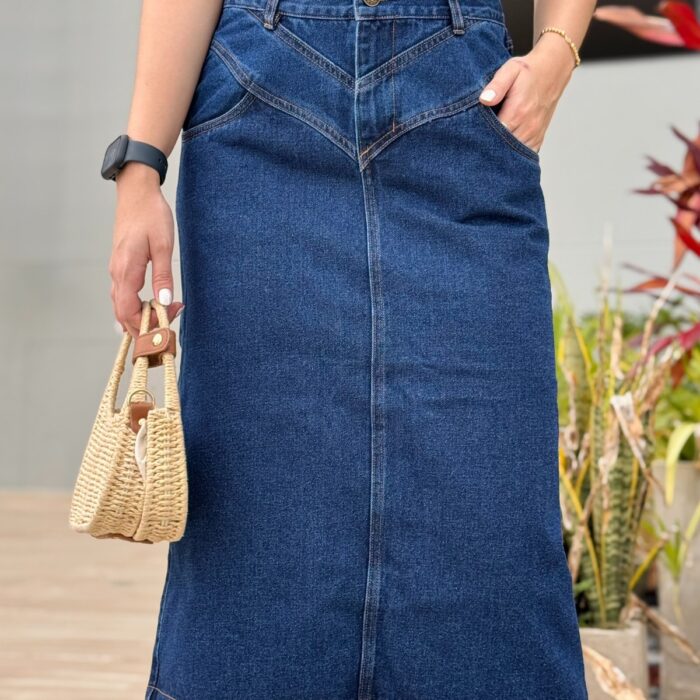 Falda Denim con Corte en “V” y Bolsillos Laterales