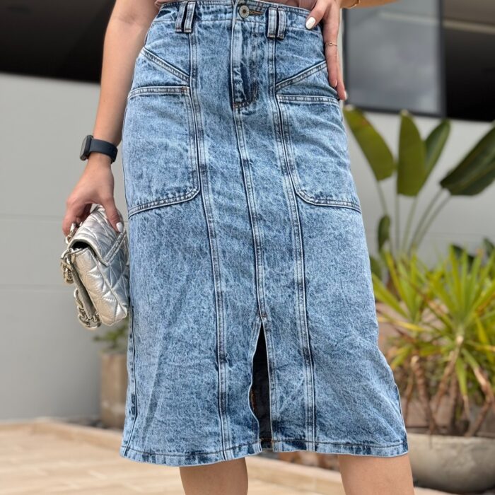 Falda Denim Acid Wash con Costuras Marcadas