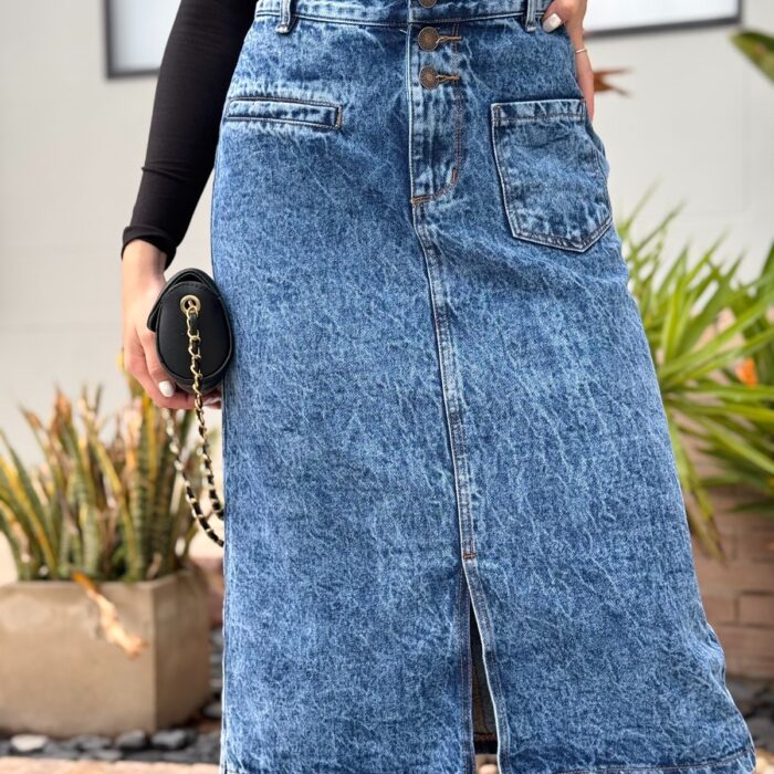 Falda Denim Lavado Marmoleado con Botones y Bolsillo Lateral