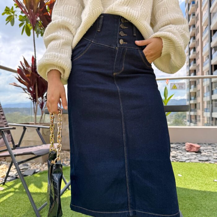 Falda Denim de Tiro Alto con Botones Laterales
